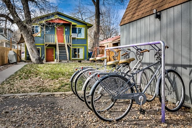 a bike rack outside a vacation rental